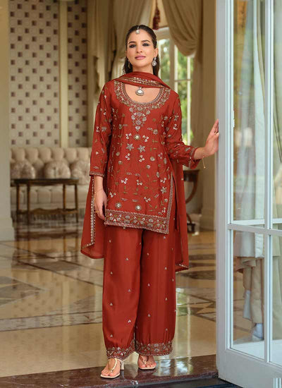 Orange Red Embroidered Kurta and Pant Suit