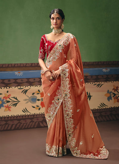 Orange Red Handwork Embroidered Silk Saree