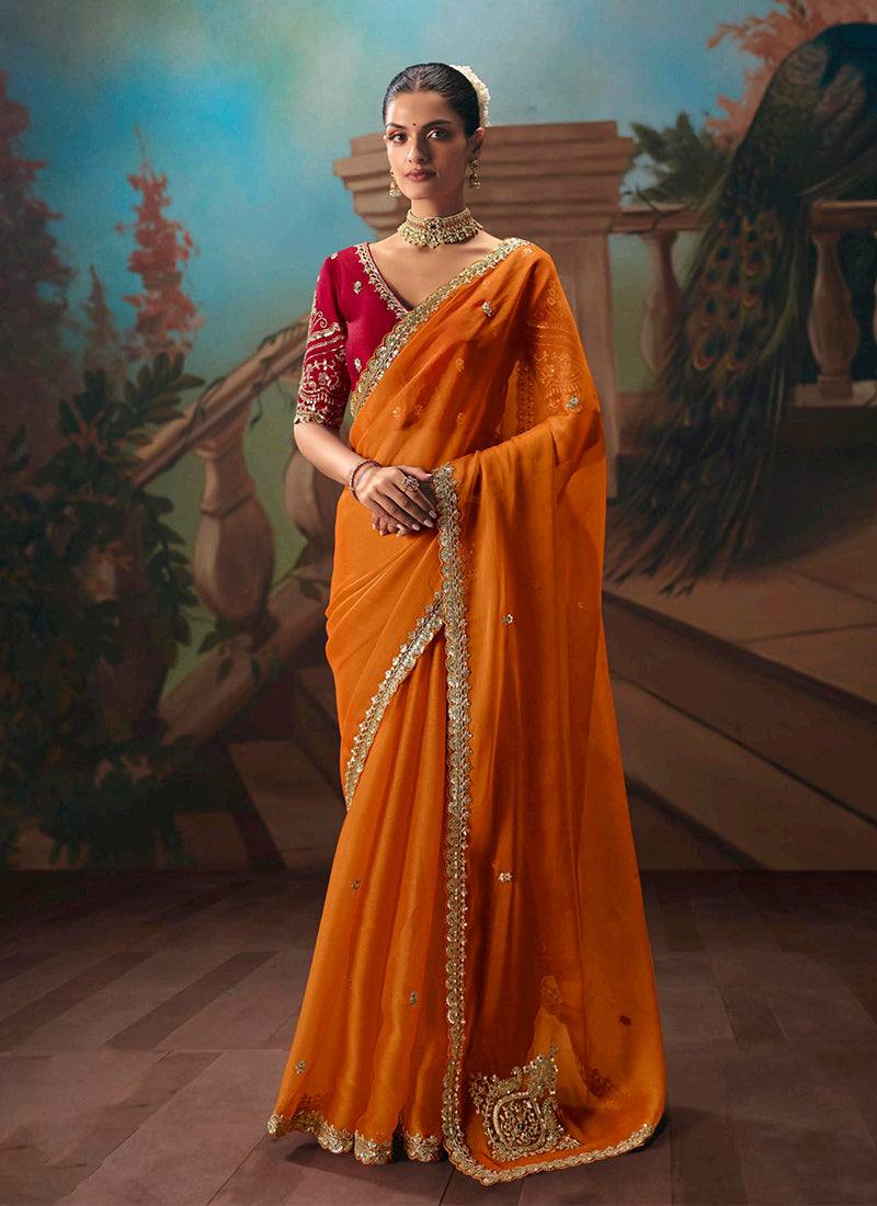 Orange and Red Embroidered Party Wear Silk Saree