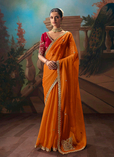 Orange and Red Embroidered Party Wear Silk Saree