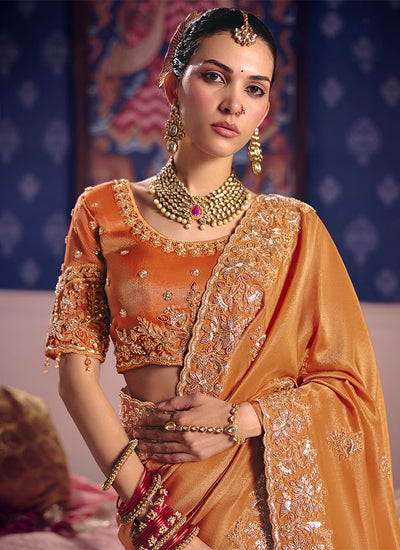 Orange Embroidered Tissue Silk Saree