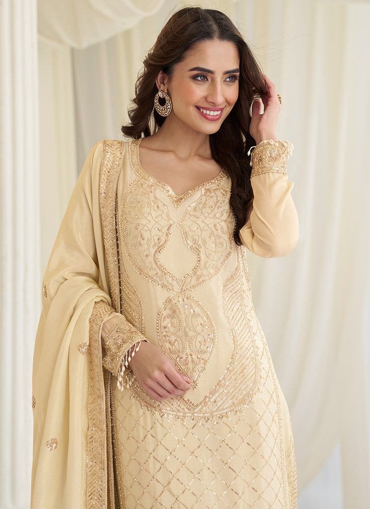 Buy Cream Embroidered Silk Farshi Salwar Suit Online in Canada