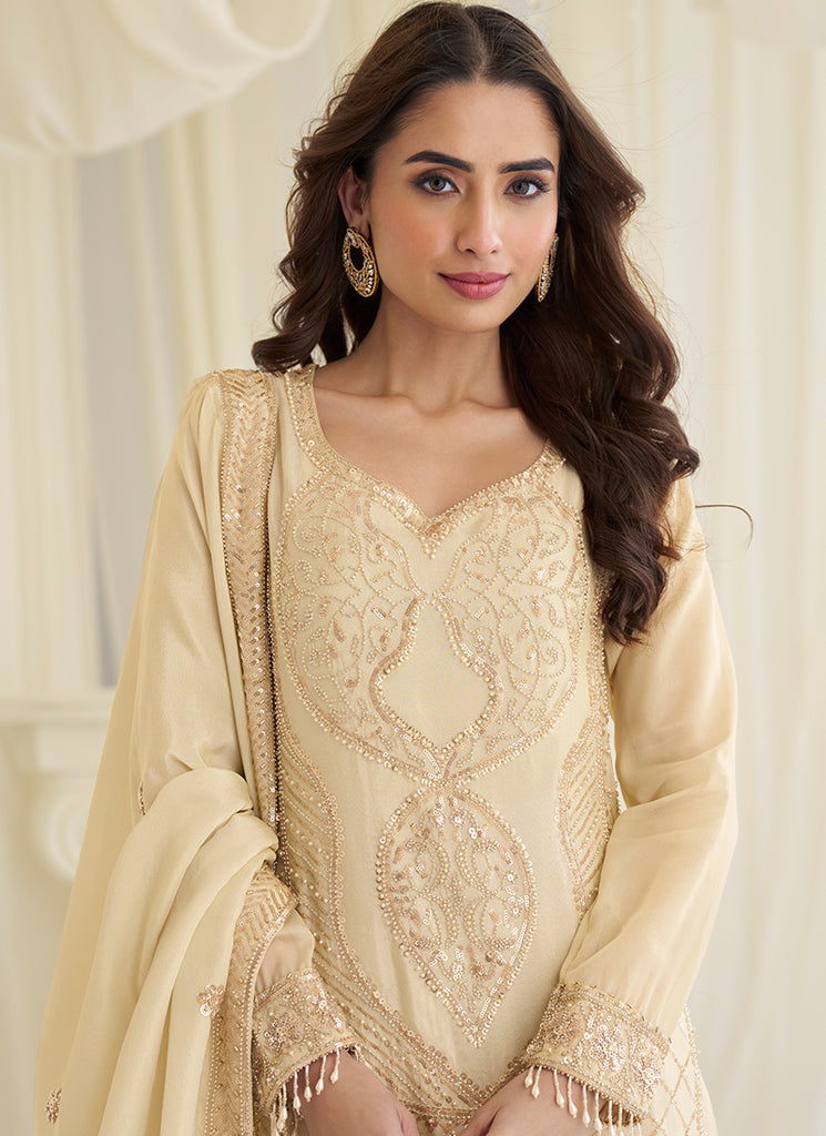 cream pakistani dress Cream Tissue Silk Anarkali Pakistani Style Suit
