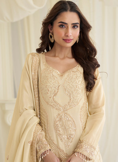Cream Embroidered Silk Farshi Salwar Suit