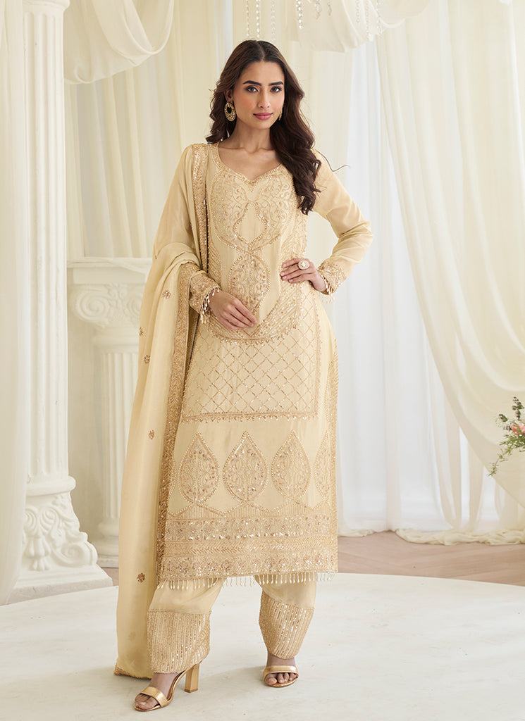 cream pakistani dress Buy Embroidered Art Silk Front Open Pakistani Suit in Cream Online : KRD1056