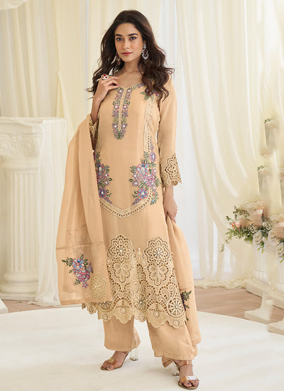 Peach Embroidered Silk Kurta Palazzo Suit