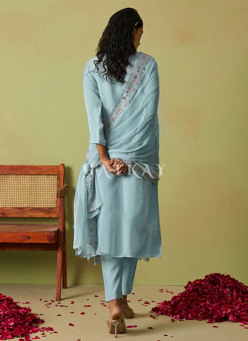 Sky Blue Embroidered Pakistani Pant Style Suit