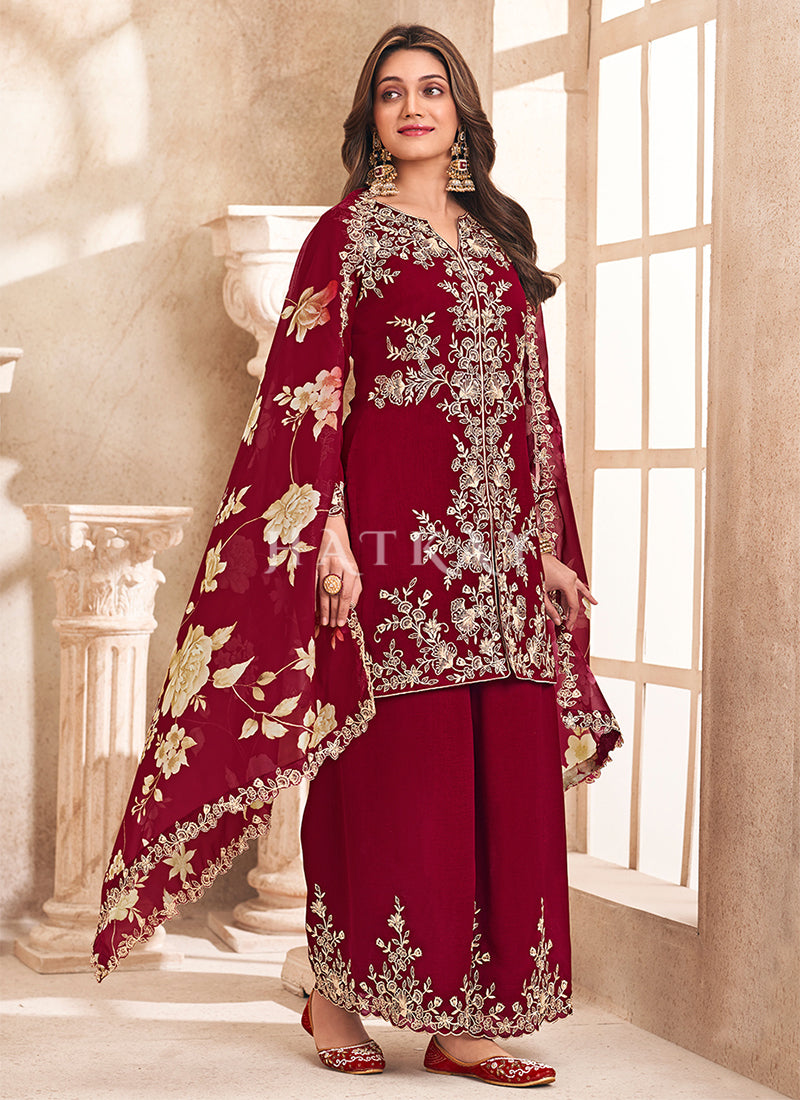 Red Embroidery Pakistani Pant Suit