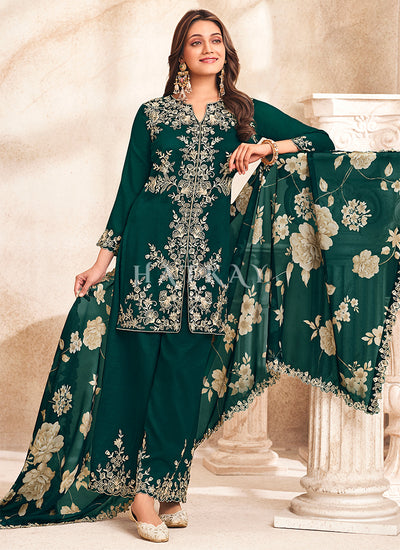 Dark Green Embroidery Pakistani Pant Suit