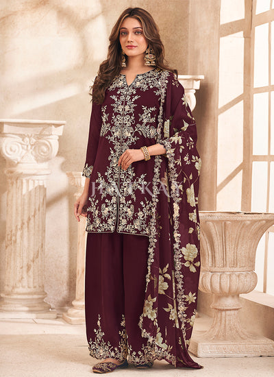 Maroon Embroidery Pakistani Pant Suit