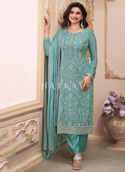 Turquoise Embroidered Pakistani Pant Suit