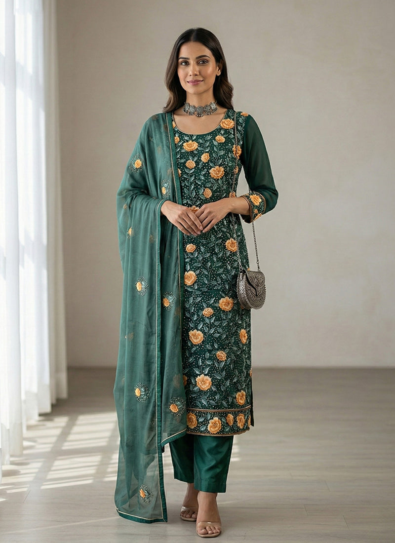 Green Embroidery Pakistani Style Pant Suit