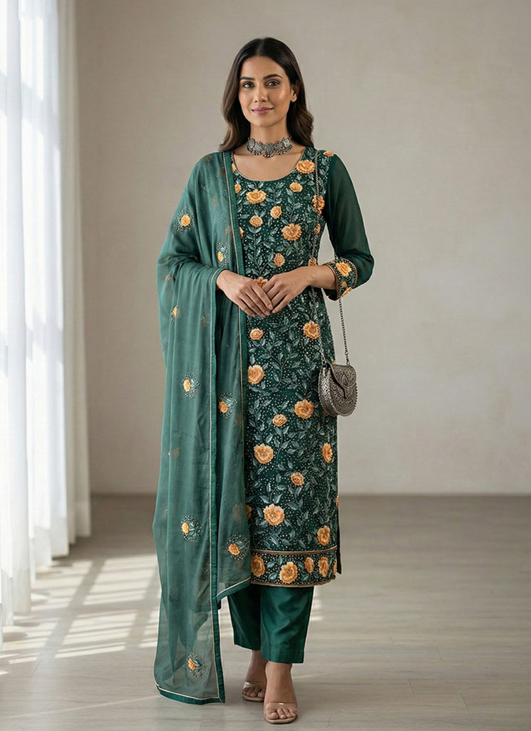 Green Embroidery Pakistani Style Pant Suit