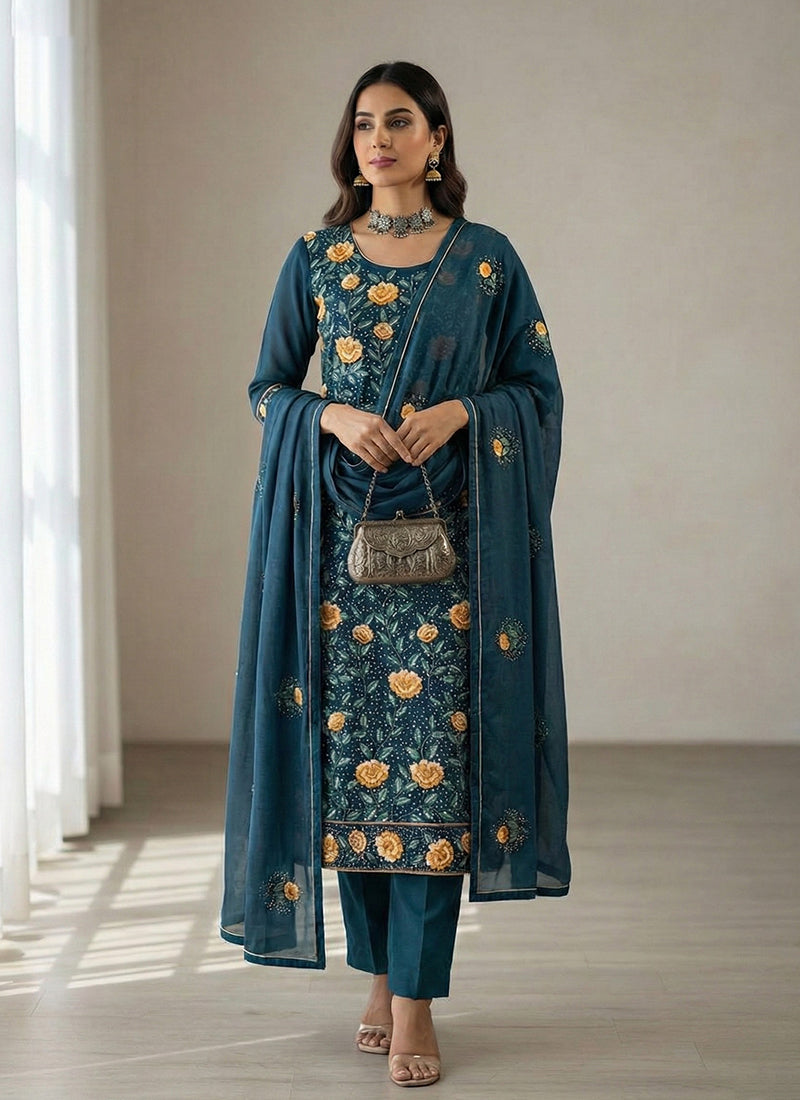 Teal Blue Embroidery Pakistani Style Pant Suit