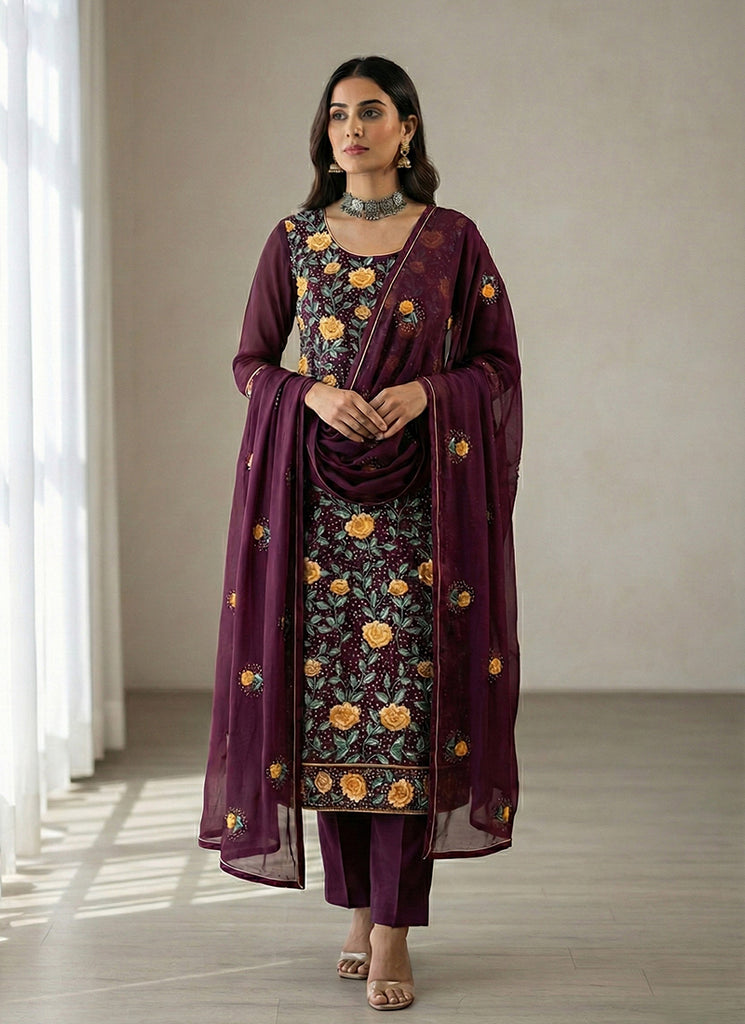 Deep Wine Embroidery Pakistani Style Pant Suit