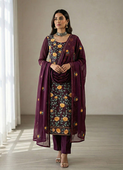 Deep Wine Embroidery Pakistani Style Pant Suit