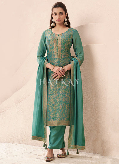 Sea Green Handwork Pakistani Pant Style Suit