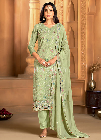 Light Green Floral Embroidered Pakistani Suit