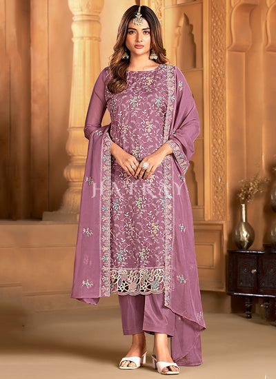 Lavender Floral Embroidered Pakistani Suit