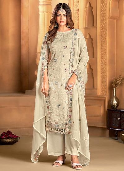 Cream Floral Embroidered Pakistani Suit