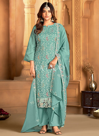 Aqua Blue Floral Embroidered Pakistani Suit
