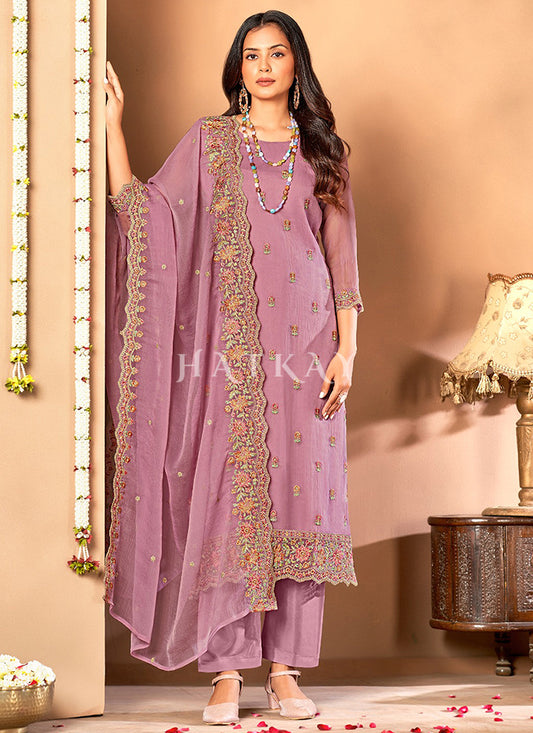 Lavender Floral Embroidered Pakistani Suit