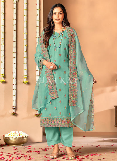 Sea Green Floral Embroidered Pakistani Suit