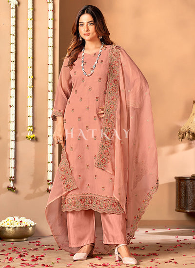 Peach Floral Embroidered Pakistani Suit