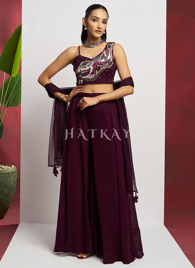 Deep Wine Embroidered Palazzo Set