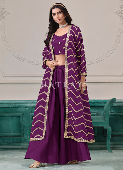 Purple Embroidered Jacket Style Palazzo Suit