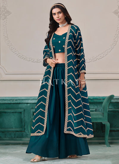 Turquoise Embroidered Jacket Style Palazzo Suit