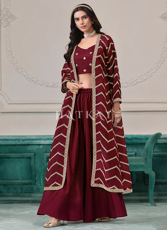 Maroon Embroidered Jacket Style Palazzo Suit