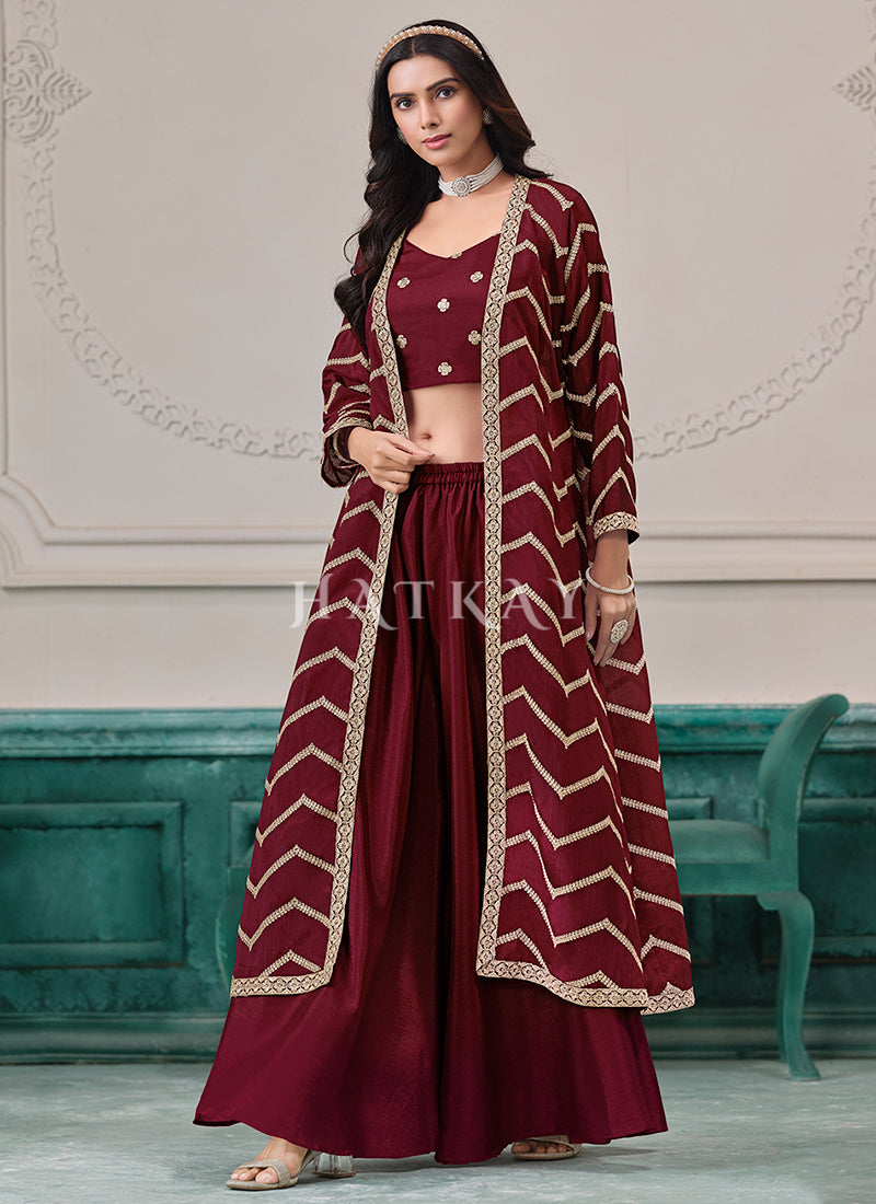 Maroon Embroidered Jacket Style Palazzo Suit