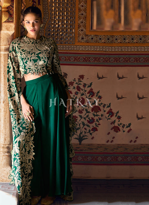 Dark Green Embroidery Designer Palazzo Set