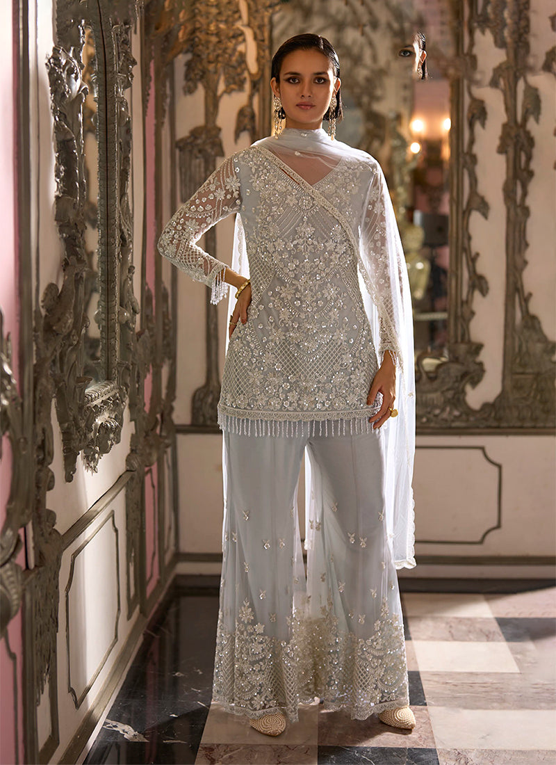 Mist Silver Handwork Embroidered Palazzo Suit
