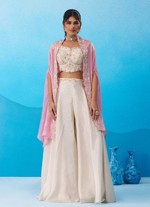 Cream and Pink Embroidered Cape Style Palazzo Suit