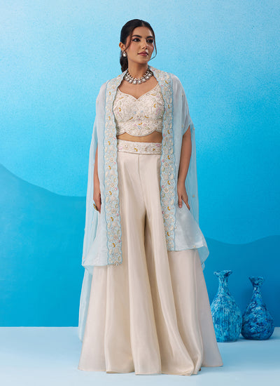 Cream and Blue Embroidered Cape Style Palazzo Suit