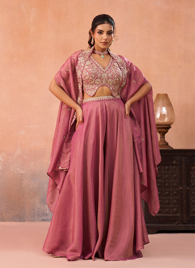 Blush Pink Embroidered Cape Style Palazzo Suit