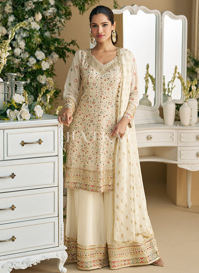 Off White Peplum Style Anarkali Palazzo Suit