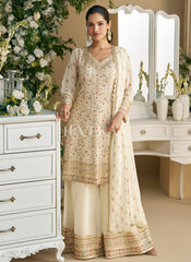 Off White Peplum Style Anarkali Palazzo Suit