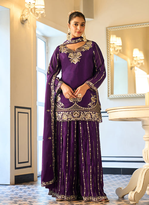 Deep Purple Embroidery Silk Palazzo Suit