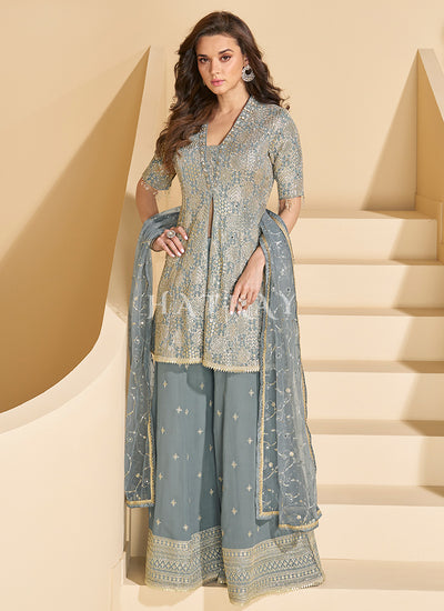 Slate Blue Embroidered Georgette Palazzo Suit