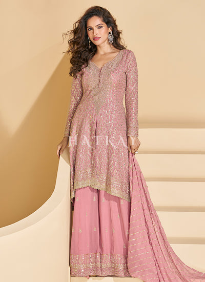 Soft Pink Embroidered Georgette Palazzo Suit