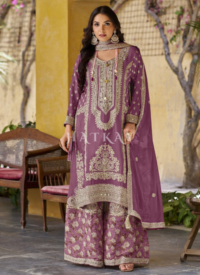 Mauve Thread Embroidery Palazzo Suit
