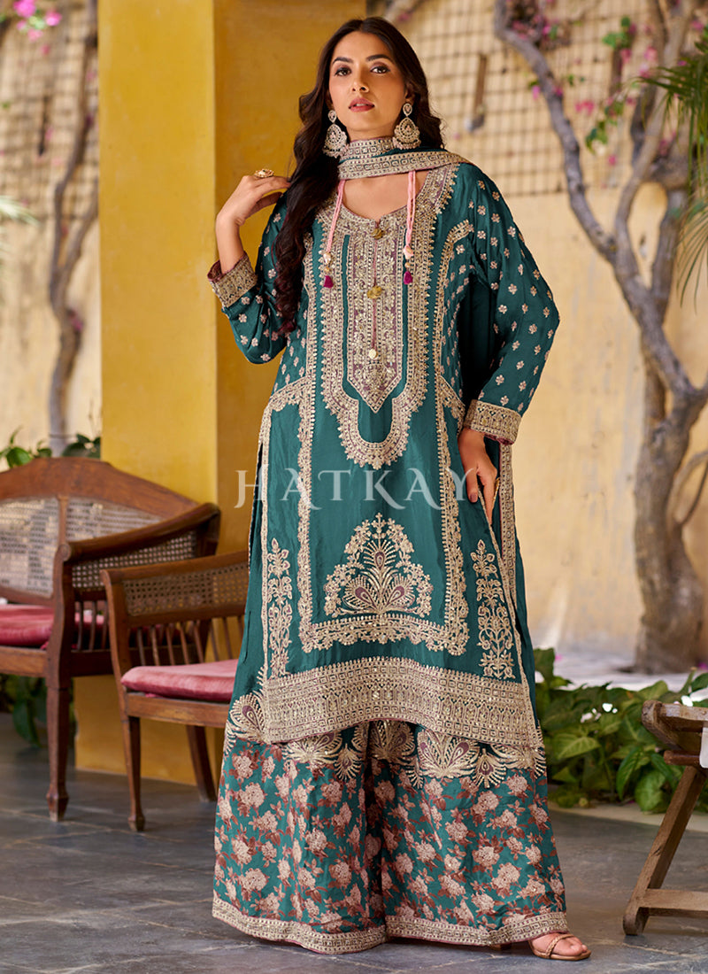 Green Thread Embroidery Palazzo Suit