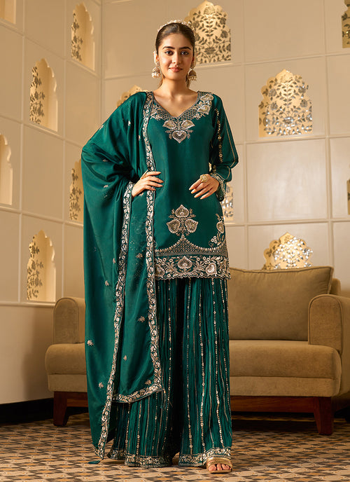 Green Embroidery Silk Palazzo Suit