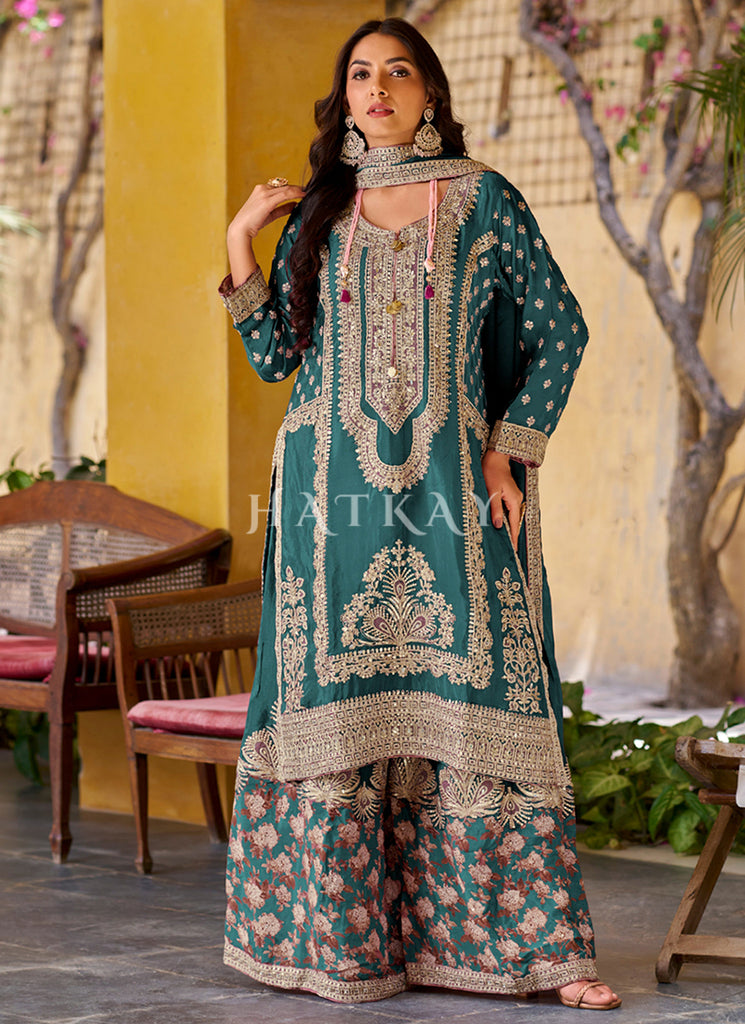 Green Thread Embroidery Palazzo Suit