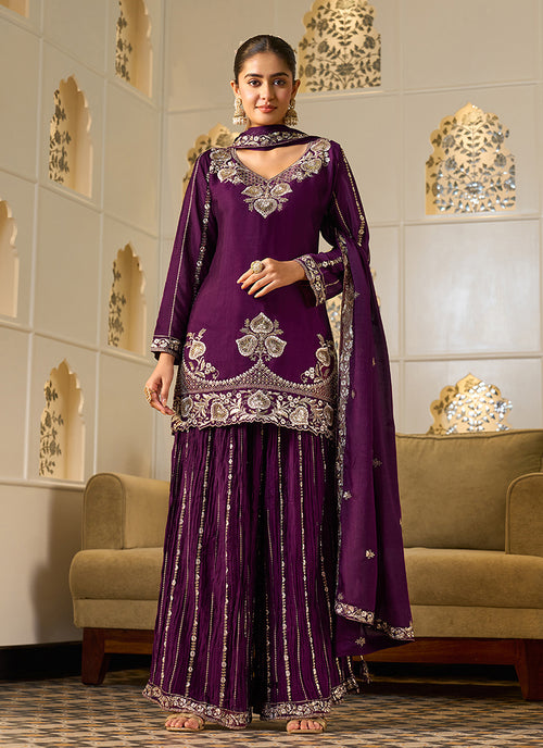 Wine Embroidery Silk Palazzo Suit