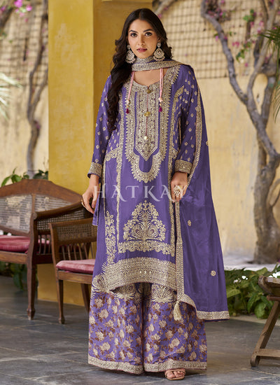 Purple Thread Embroidery Palazzo Suit