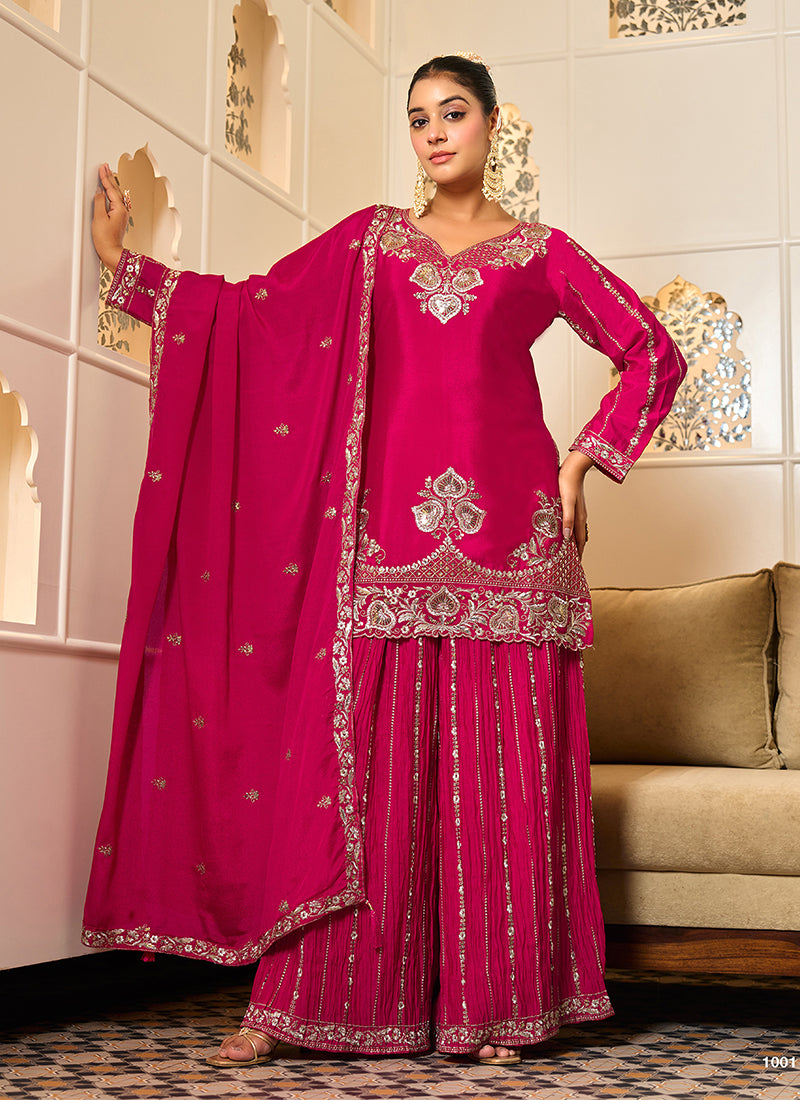 Rani Pink Embroidery Silk Palazzo Suit
